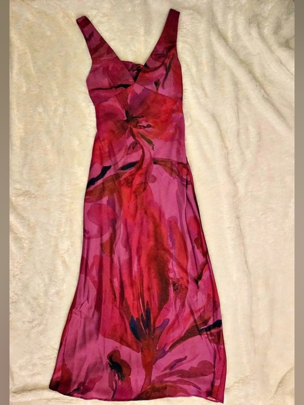 Zara Abstract Floral Satin 55" Fuchsia Dress Size Small Like New